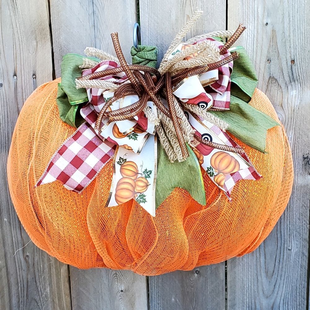 Autumn Fall Rustic Pumpkin Deco Mesh Hanger Wreath